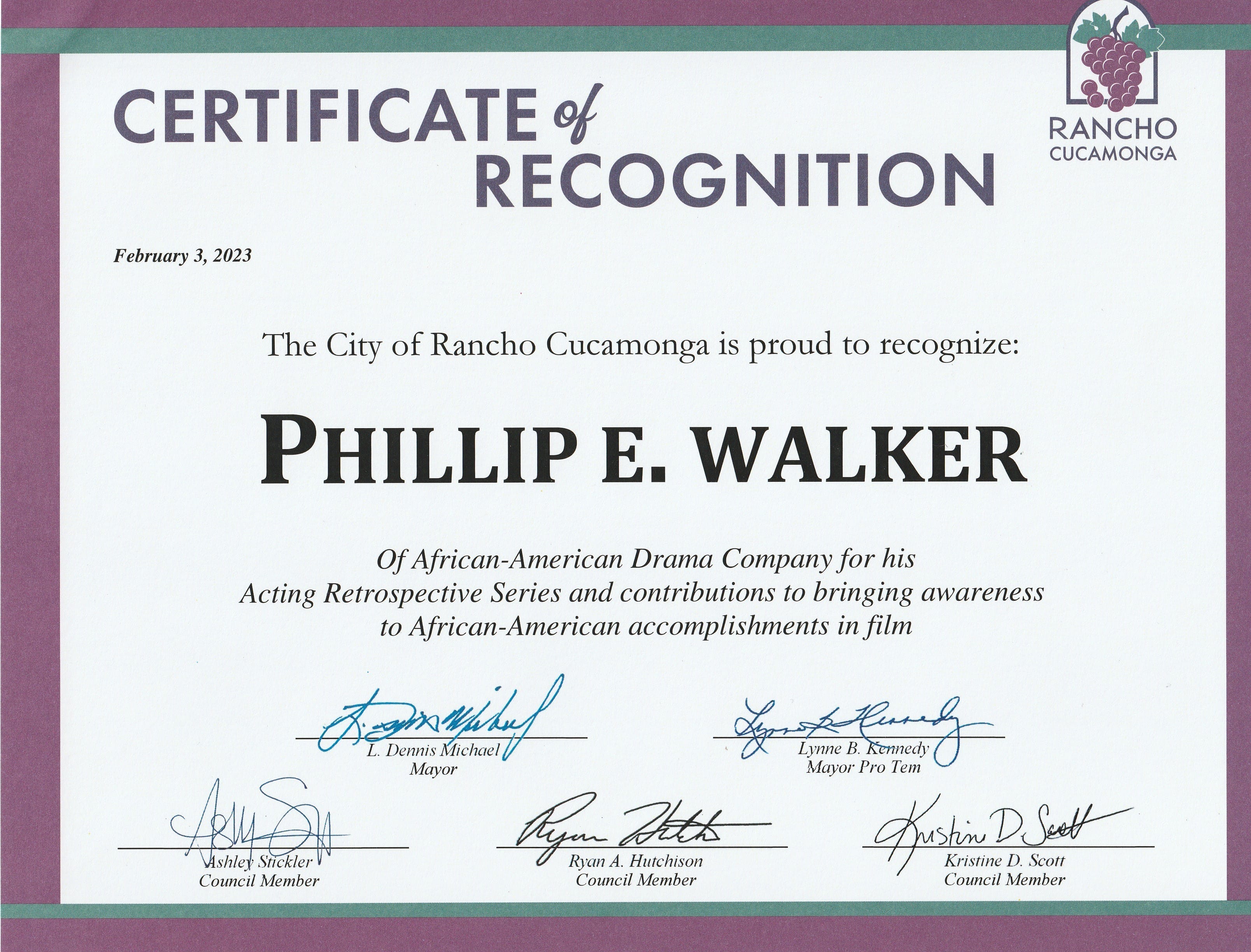 City of Rancho Cucamonga Recognition Certificate